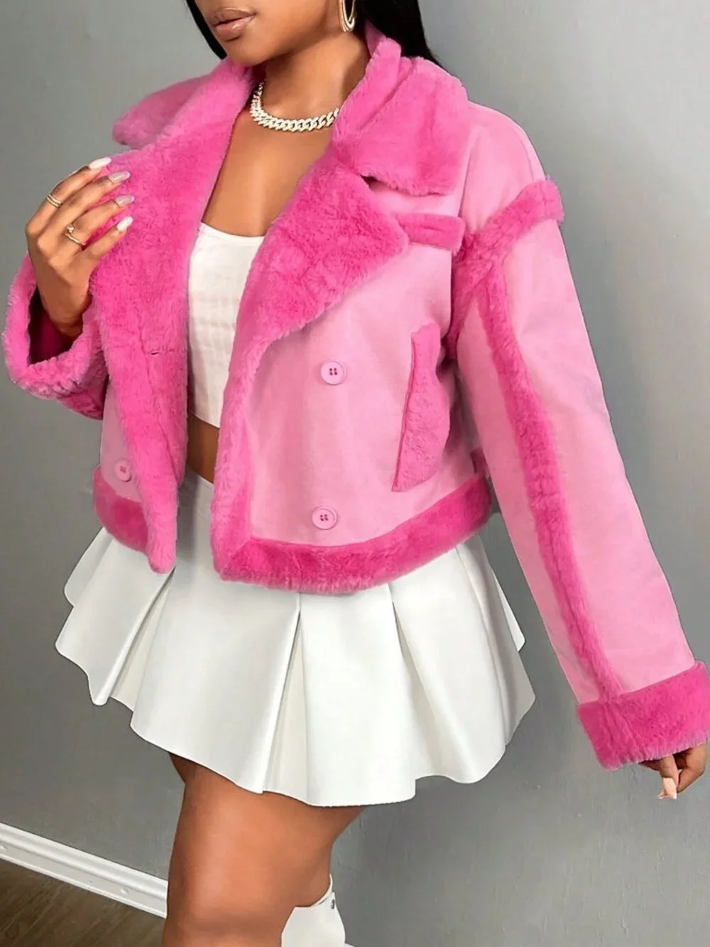 Hot Pink Casual Women's Faux Fur Coats - Picture 6 of 7